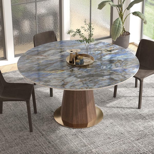 Modern Round White Top Sapphire Stone Tabletop 53.15 in. Walnut Pedestal Dining Table (Seats-4)