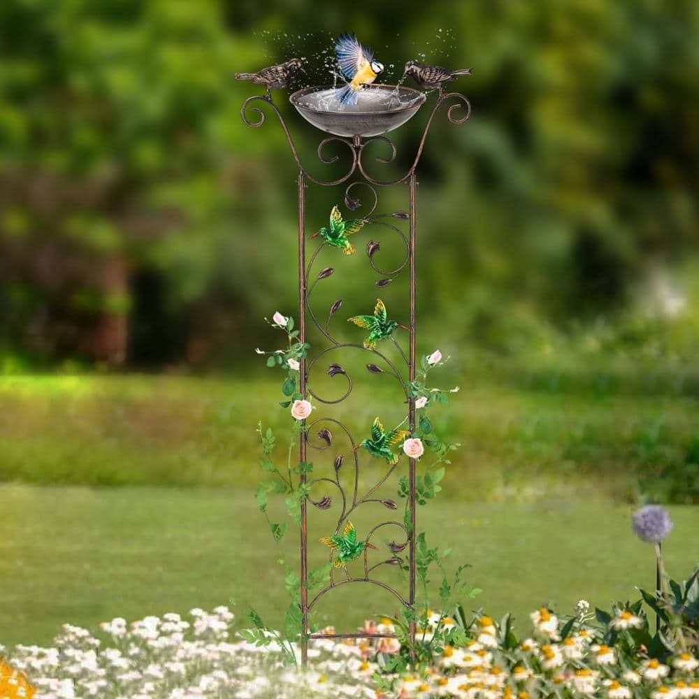 Elegant 40" Bronze Metal Garden Trellis with Bird Bath