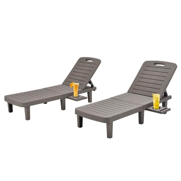 Anvil Gray 2-Piece Plastic Outdoor Chaise Lounge Patio Recliner Chair with Adjustable Backrest and Retractable Cup Holder