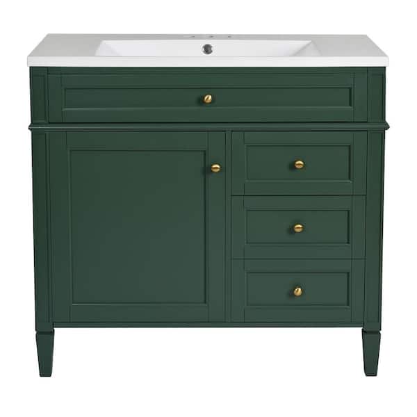 TCYO 36 in. Single Sink Freestanding Green Bath Vanity with White Cultured Marble Top ...