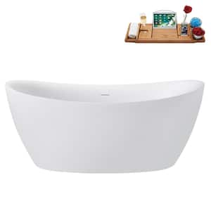 63 in. x 32 in. Acrylic Freestanding Soaking Bathtub in Glossy White with Brushed Nickel Drain, Bamboo Tray