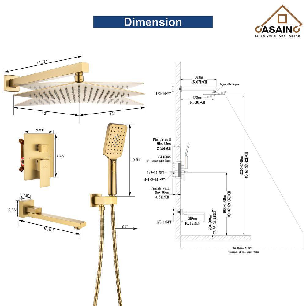Brushed Gold 12" Wall Mount Shower System with Handheld Spray