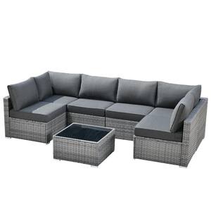 Sanibel Gray 7-Piece Wicker Outdoor Patio Conversation Sofa Sectional Set with Black Cushions