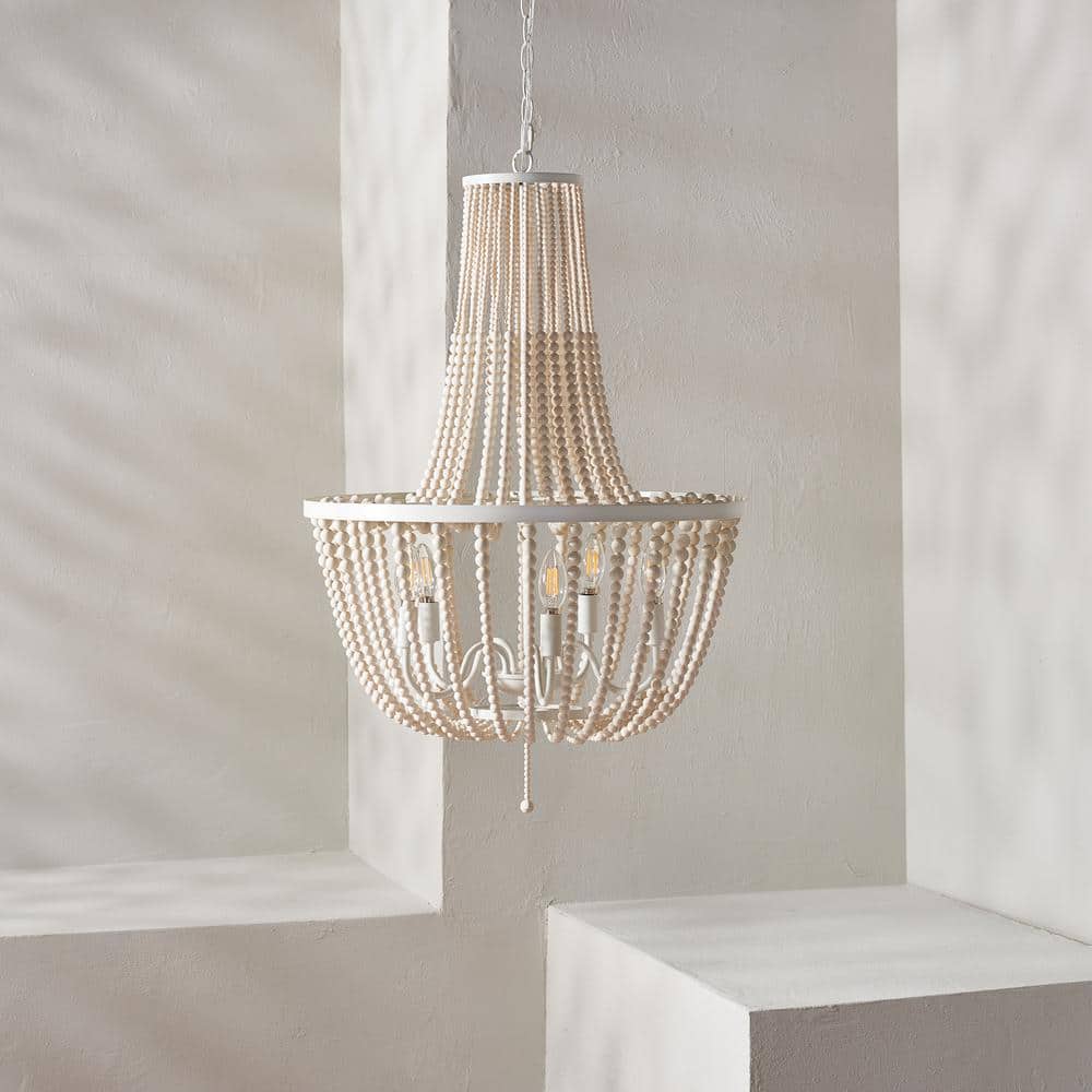Elanie Cream Wood Beads 5-Light LED Pendant