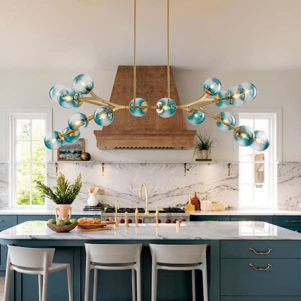 Lucie 68.11 in. 18-Light Modern Gold Kitchen Island Pendant Cluster Chandelier with Gradient Blue Glass Shades
