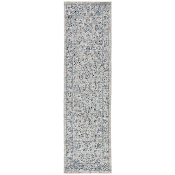 Courtyard Gray/Navy 2 ft. x 16 ft. Border Floral Scroll Indoor/Outdoor Patio  Runner Rug