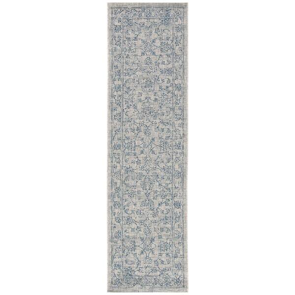 SAFAVIEH Courtyard Gray/Navy 2 ft. x 7 ft. Border Indoor/Outdoor Patio ...