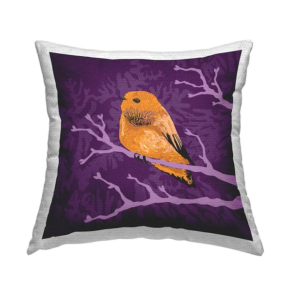 Vivid Bird Botanical Tree Branch Pattern Purple Square Outdoor Throw Pillow