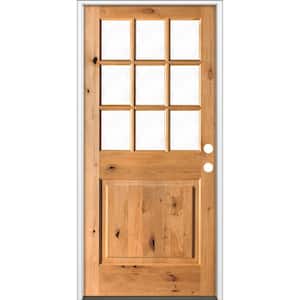 36 in. x 80 in. Rustic Knotty Alder Clear Low-E Glass 9-Lite Clear Stain Left Hand Inswing Single Prehung Front Door