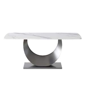 70.87 in. White Sintered Stone Tabletop Bottom C Gunmetal Gray Pedestal Base Dining Table (Seats 6)