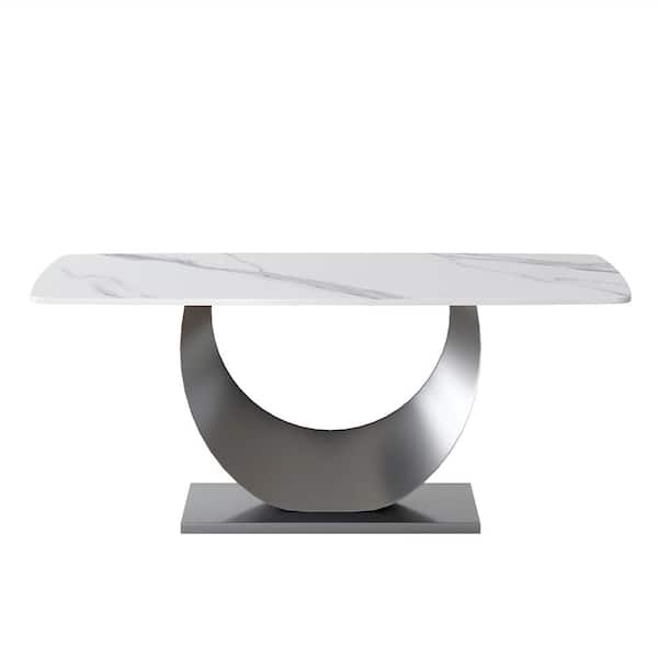 Magic Home 70.87 in. White Sintered Stone Tabletop Bottom C Gunmetal Gray Pedestal Base Dining Table (Seats 6)