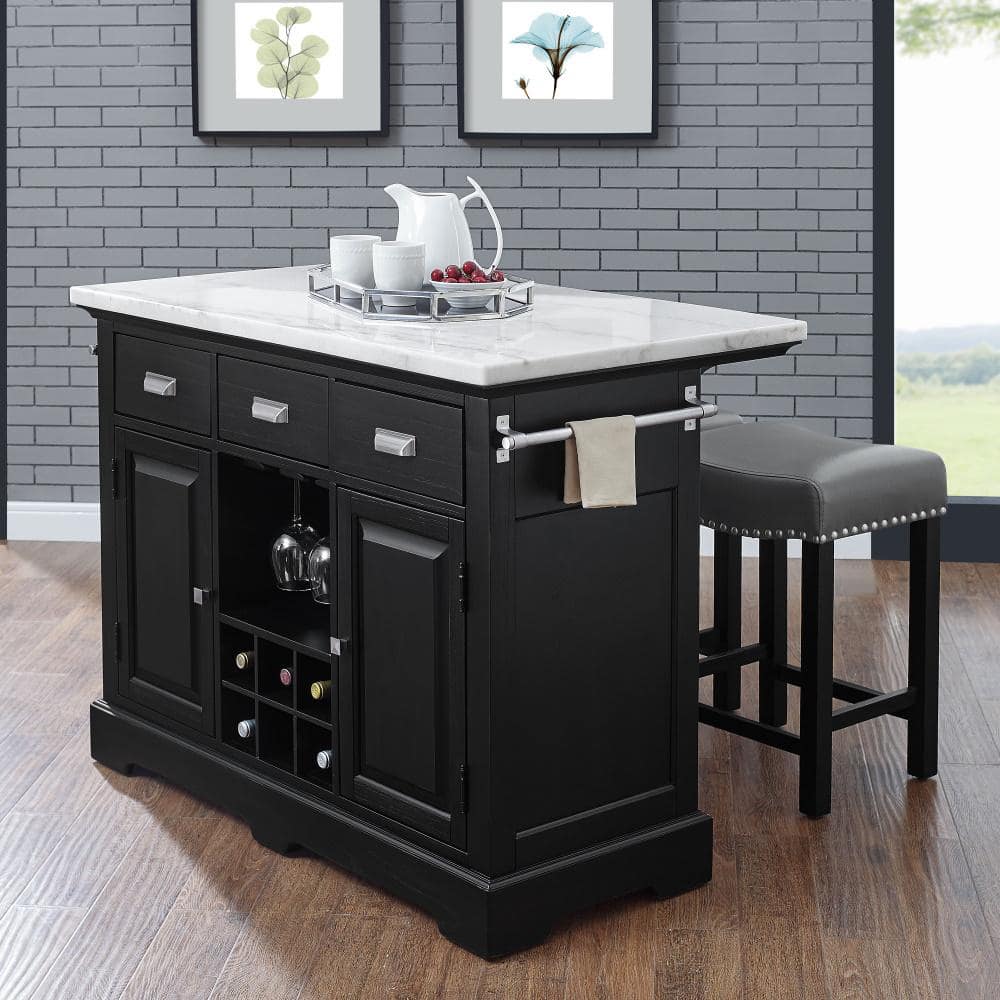 Aspen Black Marble Top Transitional Kitchen Island