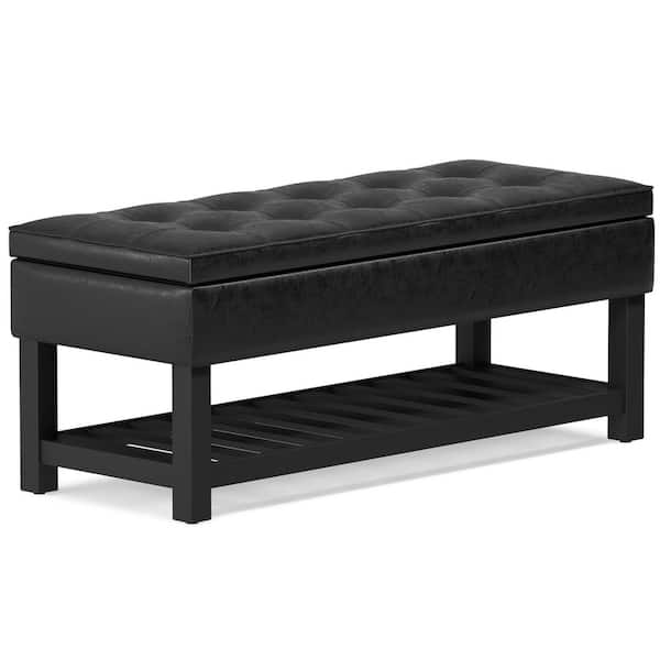 Simpli Home Cosmopolitan 44 in. Wide Transitional Rectangle Storage Ottoman Bench with Open Bottom in Distressed Black Faux Leather