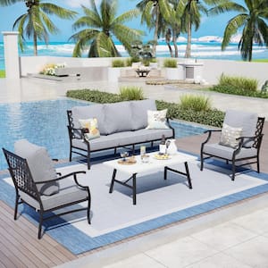 Black 5 Seat 4-Piece Metal Steel Outdoor Patio Conversation Set with Gray Cushions and Table with Marble Pattern Top