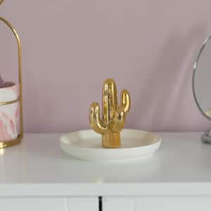 Modern Ceramic Trinket Dish Accent Plate Jewelry Holder White Plate and Gold Cactus Tree