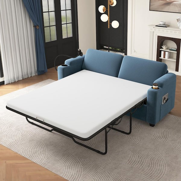 72.8 in. Navy Blue Microfiber Corduroy 2-Seater Loveseat with Full Size Mattress, USB Ports and Cup Holders
