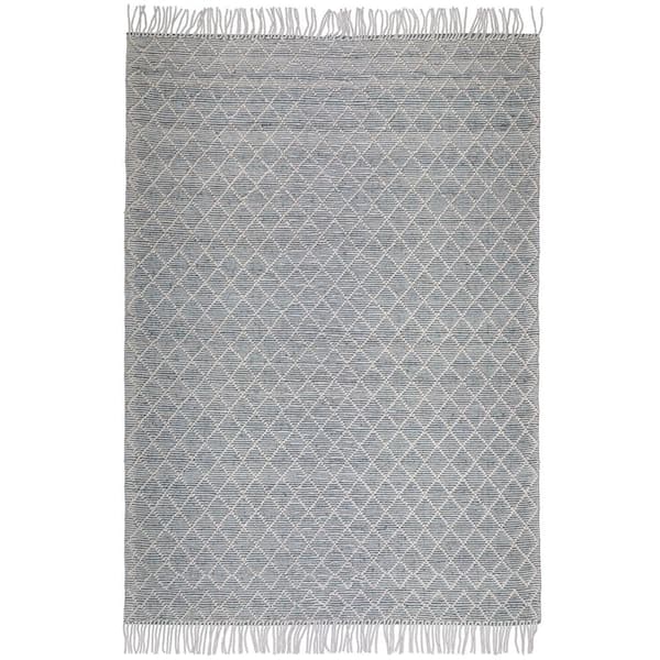 Simpli Home Ogden Ivory Teal 6 ft. x 9 ft. Rectangle Solid Pattern Wool Polyester Cotton Runner Rug