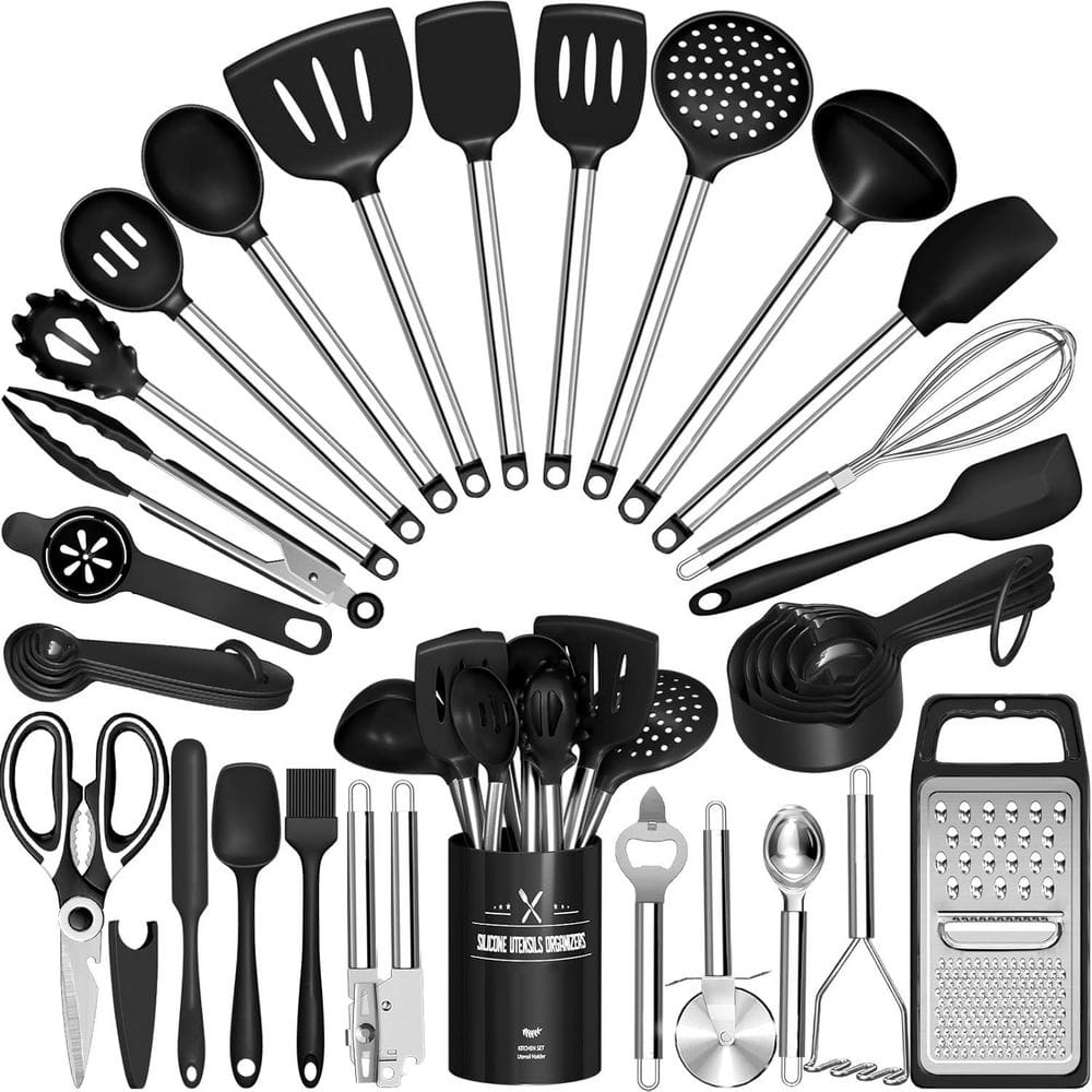 34-Piece Black Silicone Stainless Steel Kitchen Utensils Set with Cooking T