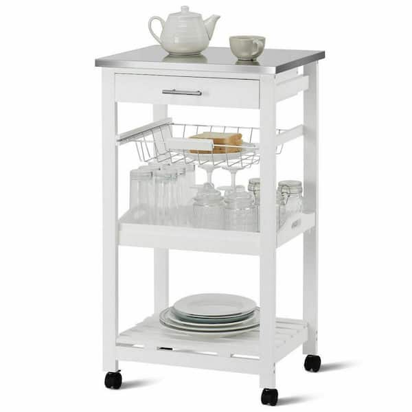 Costway Rolling Kitchen Trolley Cart Steel White Top Removable Tray W/Storage Basket and Drawers
