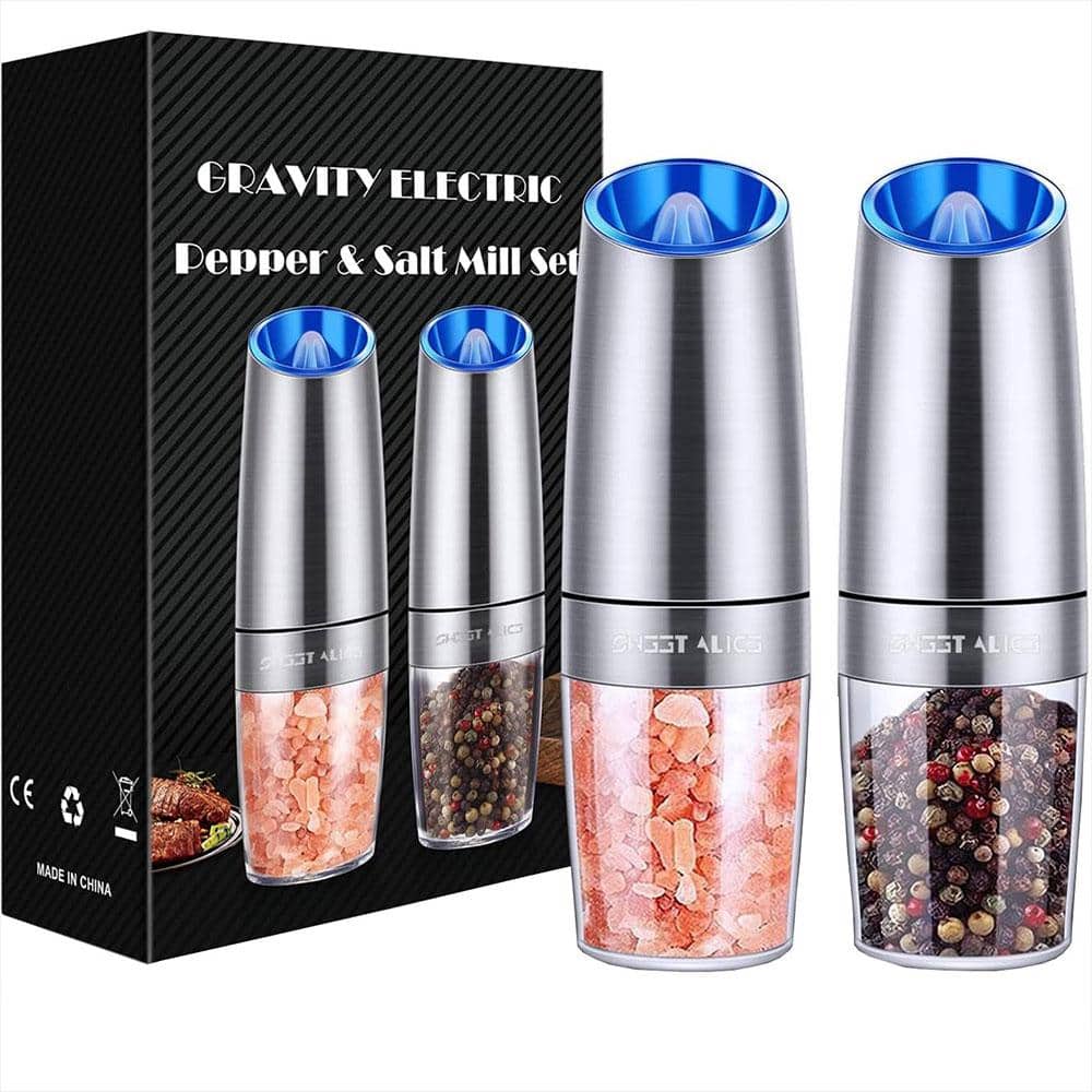 2-Pack Silver Electric Salt and Pepper Mills Set with Adjustable Coarseness