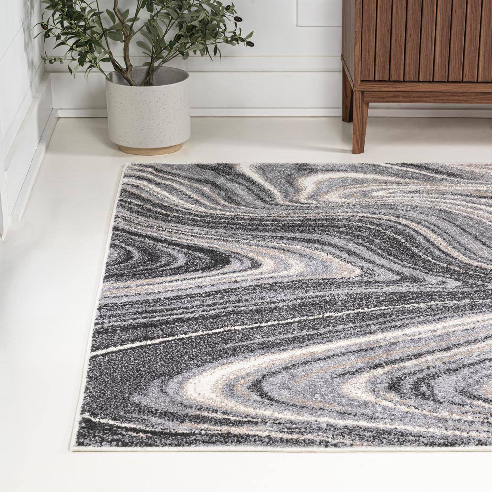 Eleni Charcoal and Cream Abstract Marble 3 x 5 Synthetic Area Rug