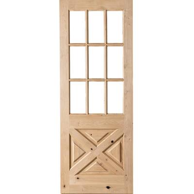 36 in. x 96 in. Rustic Knotty Alder 9-Lite Clear Glass with X-Panel Unfinished Wood Front Door Slab