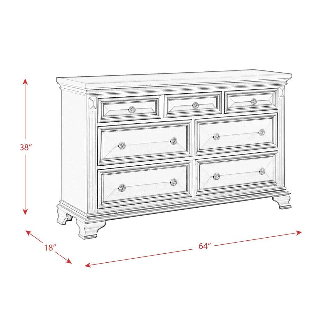 White Transitional 7-Drawer Dresser with Felt Lined Top Drawers