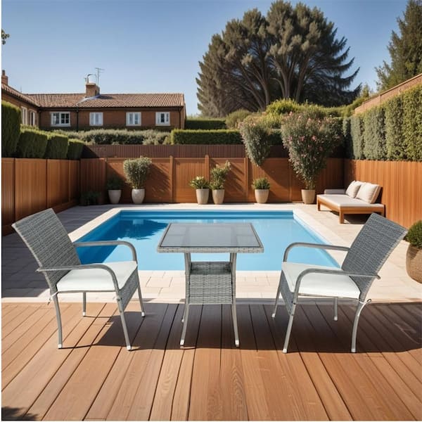 3-Pieces Patio Outdoor Wicker Conversation Set with White Cushions