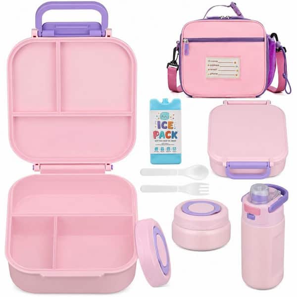Pink Kids Lunch Bag Set with Leak Proof Bento Box, Insulated Food Jar, Water Bottle and Ice Pack