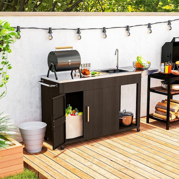 Outsunny Brown Outdoor Grill Table with Stainless Steel Sink and