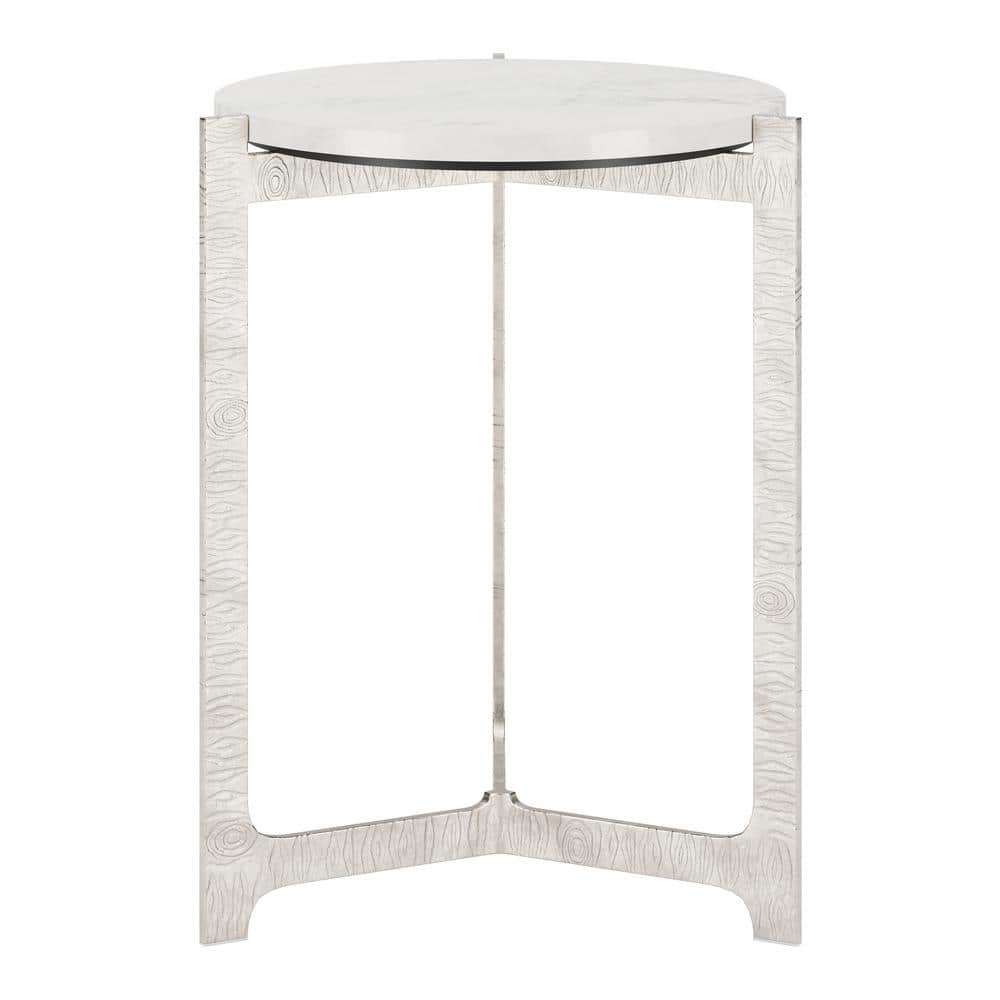 White Marble Top Round Side Table with Silver Cast Aluminum Base