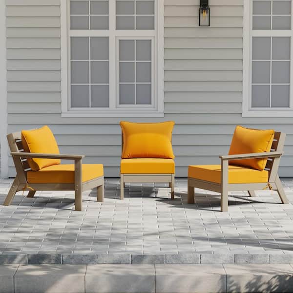 Birchwood Weathered Wood Arrangeable Outdoor Patio 3-Piece Deep Seating HDPE Sofa Arm Chair Set w/ Yellow Cushions