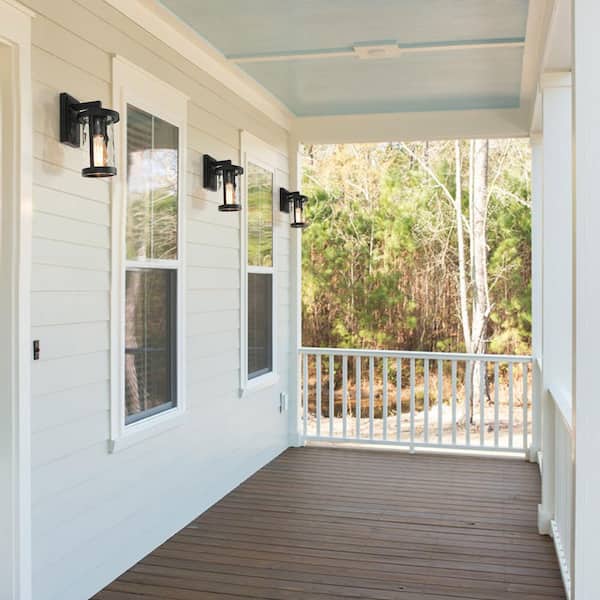 Modern Cylinder Outdoor Porch Wall Lantern Sconce 1-Light Matte Black Farmhouse Patio Wall Light with Water Glass Shade