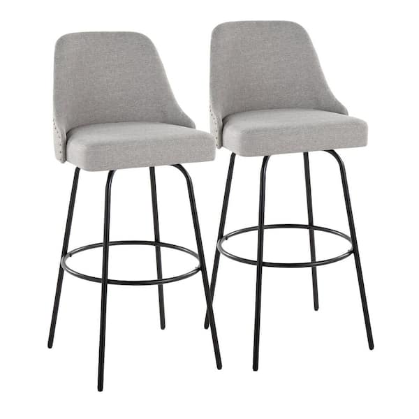 Lumisource Studded Marcel 31 in. Light Grey Fabric, Black Metal, and Brass Metal Fixed-Height Barstool (Set of 2)