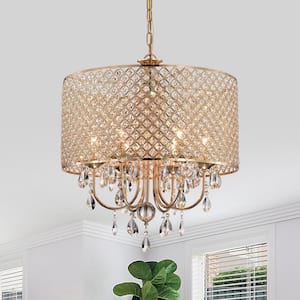 Marya 6-Light Modern Gold Round Chandelier with Beaded Drum Shade /Hanging Clear Glass Crystals