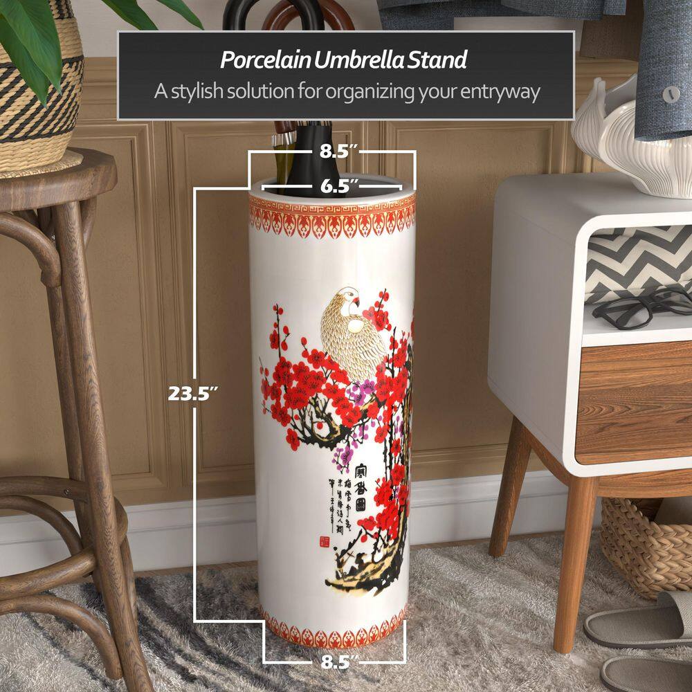 Cherry Blossom and Crane Porcelain Umbrella Stand