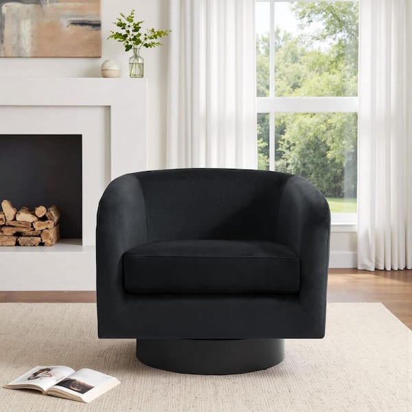 Black Velvet Upholstered 360° Swivel Arm Barrel Chair With Wood Base(Set of 1)