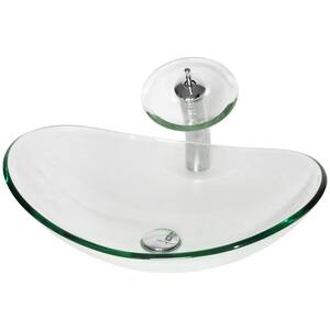 Bathroom Tempered Clear Glass Oval Vessel Sink with Round Waterfall Faucet and Pop-Up Drain