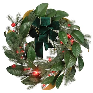 24 in. Magnolia Mix Pine Artificial Christmas Wreath with LED Lights and Bow