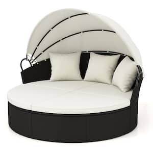 Patio Round Daybed Wicker Outdoor Daybed with Retractable Canopy Separated Seating Sectional Sofa Cushions Black & White