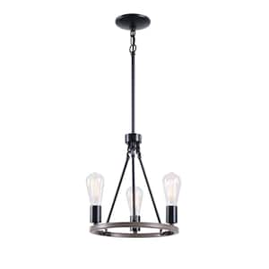 Stratton 3-Light Black and Woodgrain Wagon Wheel, Industrial Farmhouse Dining Room Chandelier with Bulbs Included