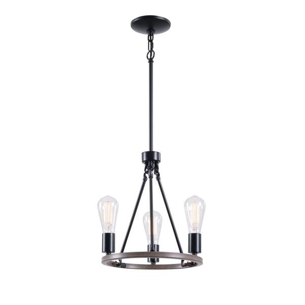 Hampton Bay Stratton 3Light Black and Woodgrain Wagon Wheel, Industrial Farmhouse Dining Room
