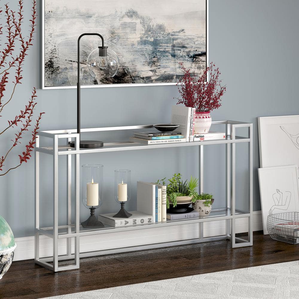 Uriel Art Deco-Inspired 52'' Silver Metal & Glass Console Table with Storage