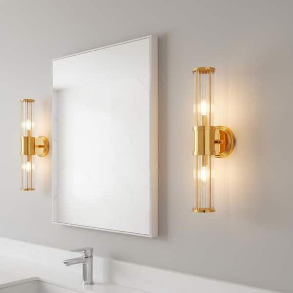 YANSUN 3 in. 2-Light Gold Crystal Bathroom Wall Sconce, Modern Vanity Light Fixture, Vertical Horizontal Mount