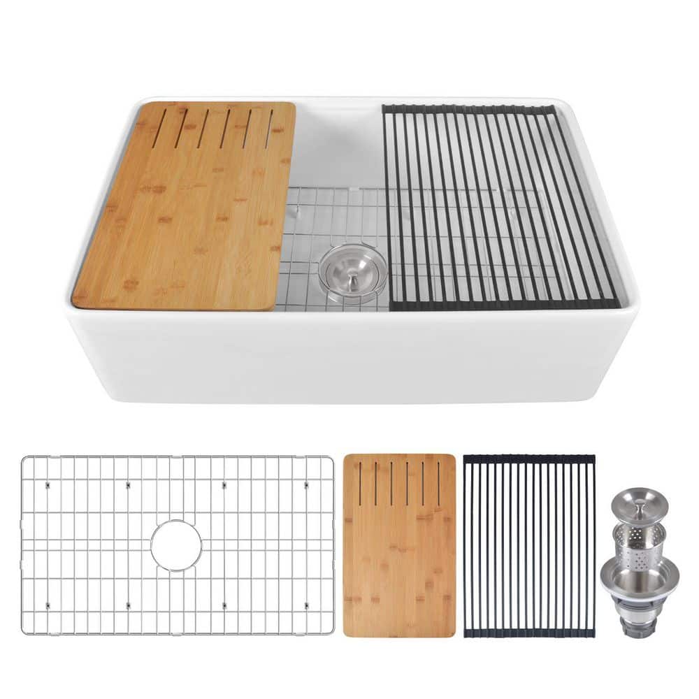 33"L x 20"W Farmhouse Kitchen Sink Deep Single Bowl Fireclay Workstation Sink with Cutting Board and Dish Drying Rack