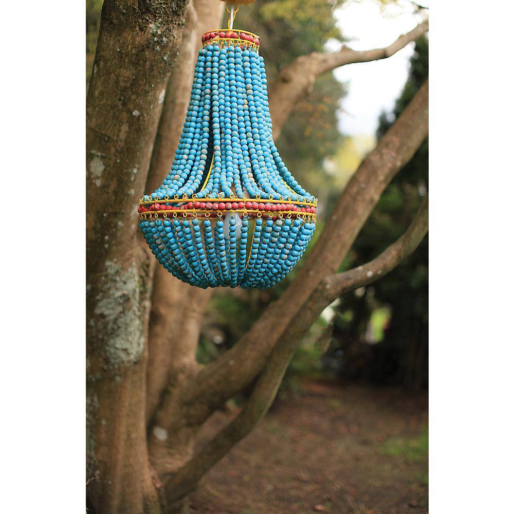 Eclectic Boho Multicolor Wood Beaded Chandelier with Yellow Metal Canopy