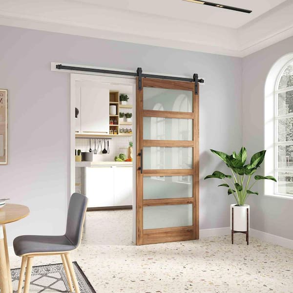 36 in. x 84 in. 5 Lite Frosted Glass Brown Finished MDF Sliding Barn Door with Hardware Kit
