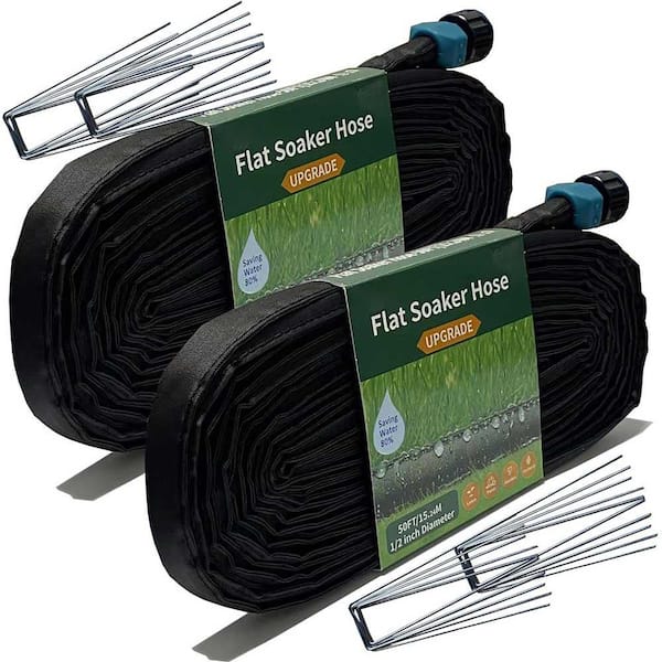 100 ft. Flat Soaker Hose w/ Stakes for Garden, Linkable Drip Hose for DIY Irrigation System, Dual-layer Leak-free Design