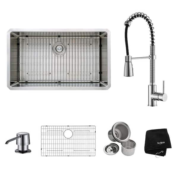 KRAUS All-in-One Stainless Steel 32 in. Single Bowl Undermount Kitchen Sink with Faucet and Accessories in Chrome