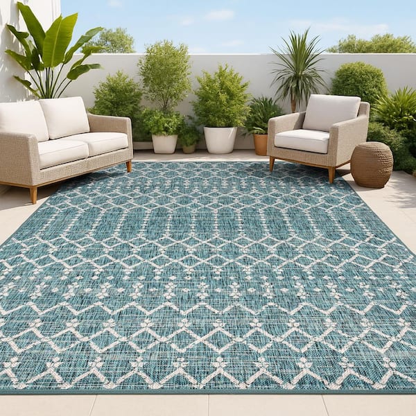 Ourika Moroccan Geometric Textured Weave Teal/Gray 9 ft. x 12 ft. Indoor/Outdoor Area Rug